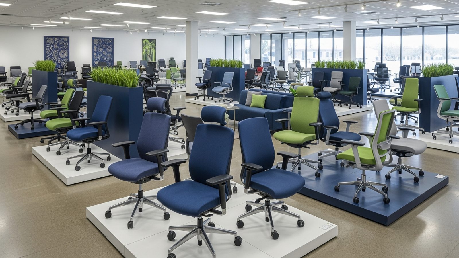 Sala de exhibición con sillas de oficina ergonómicas