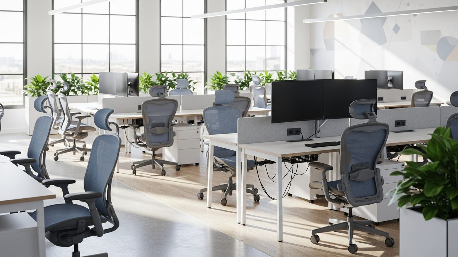 Espacio de coworking con sillas ergonómicas y escritorios